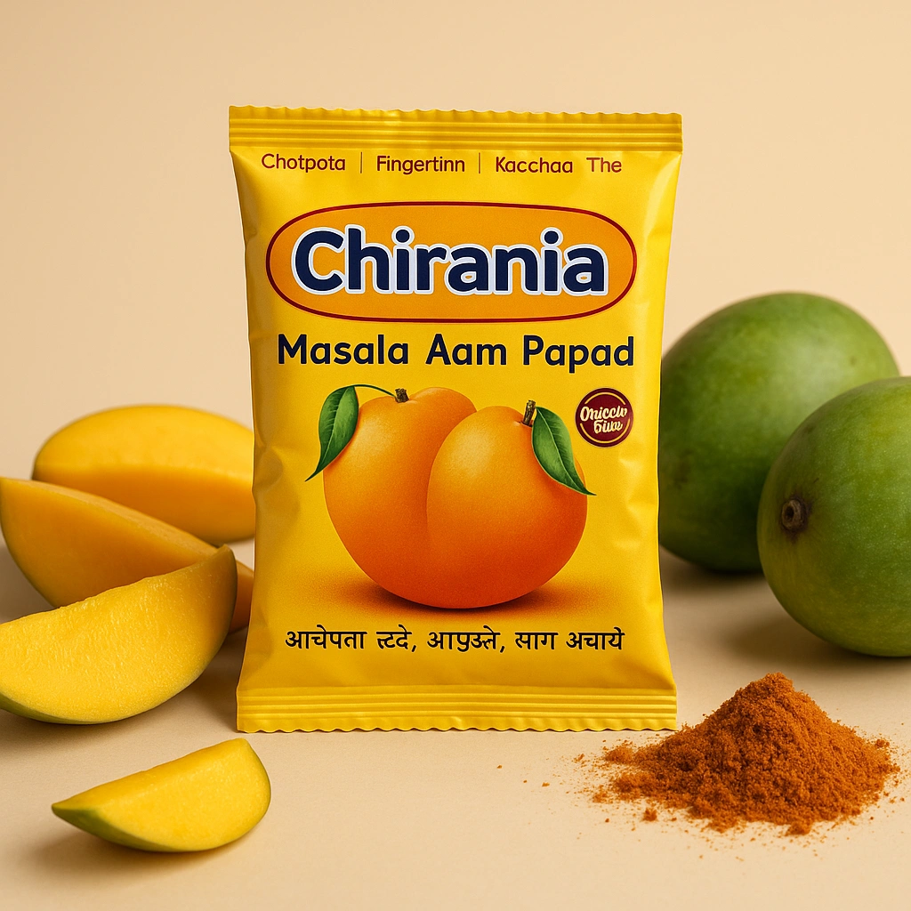 Chirania Masala Aam Papad packet shown with fresh mangoes and authentic Indian spices.