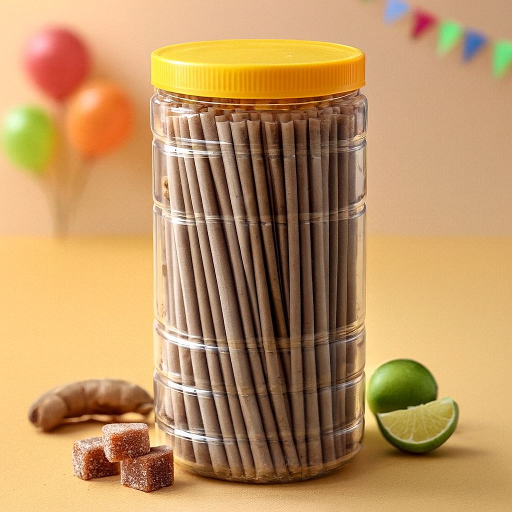 Clear plastic jar filled with brown churan pipe sticks, displayed next to fresh tamarind pods, sugar cubes, and a lime wedge on a yellow background.