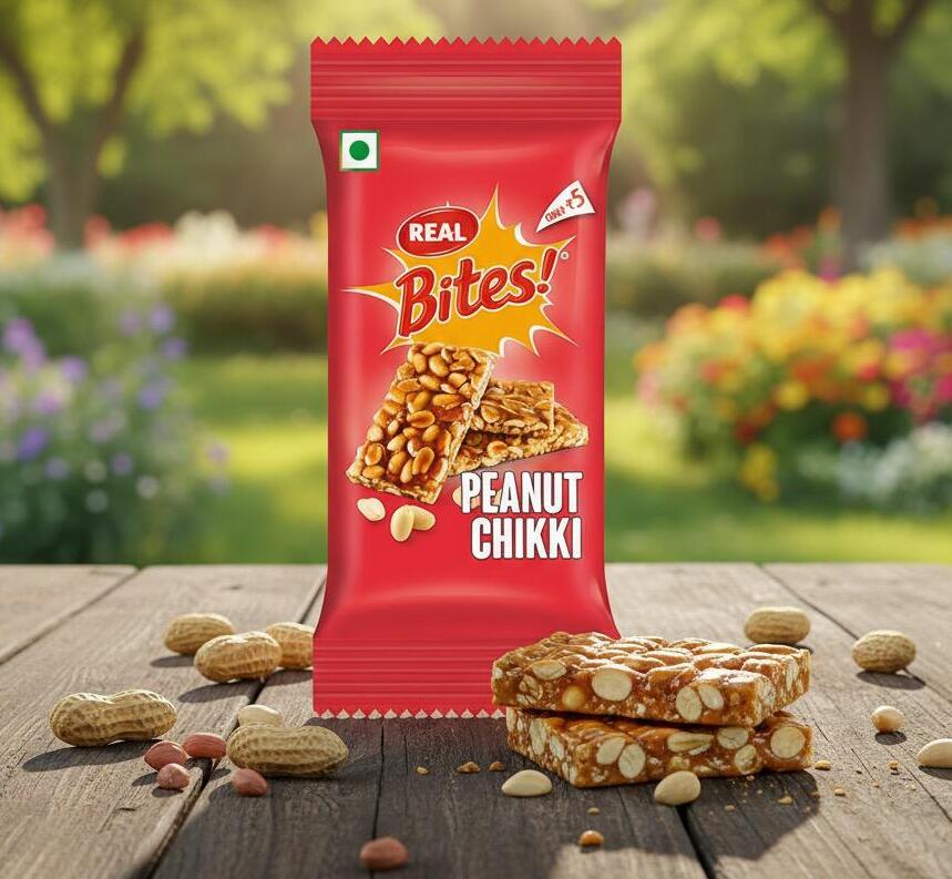 Retail-packaged snack bar labeled 'REAL Bites! Peanut Chikki' resting on a wooden surface.