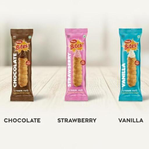 Three vertically displayed packaged cream rolls in brown, pink, and blue wrappers, labeled Chocolate, Strawberry, and Vanilla flavors.