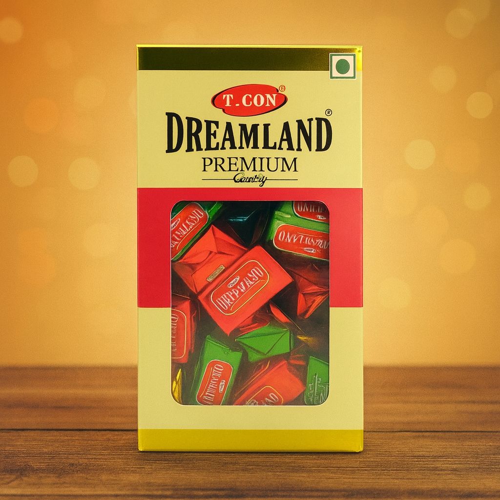 Yellow T.CON Dreamland box containing individually wrapped red and green premium milk chocolates with center fill cream, visible through a clear window