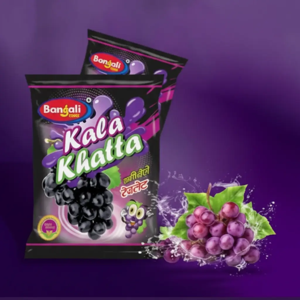 Kala Khatta Goli with tangy grape flavor, shown next to a cluster of fresh grapes on a purple background.