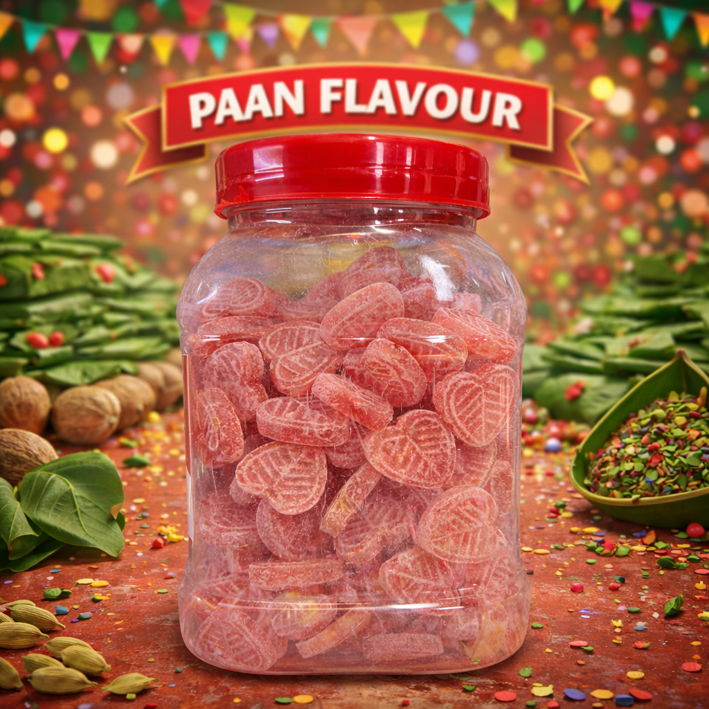 Jar of paan flavour candy with red lid, traditional Indian betel leaf ingredients in background, festive colorful setting, mukhwas style paan sweets