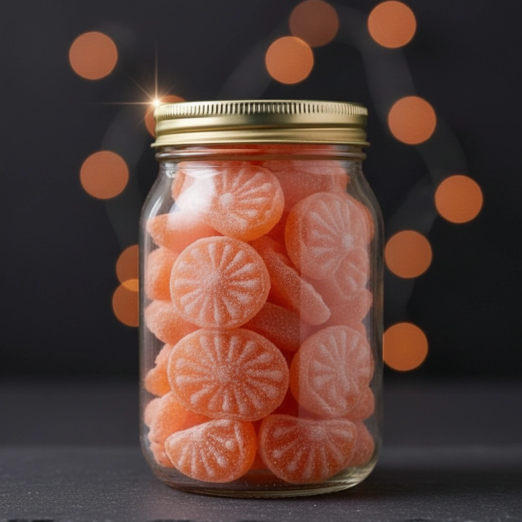 A glass jar of Breaktaste santra tikda candy, showing the sugar-dusted orange slice lozenges, set against a dark background with festive orange lights.