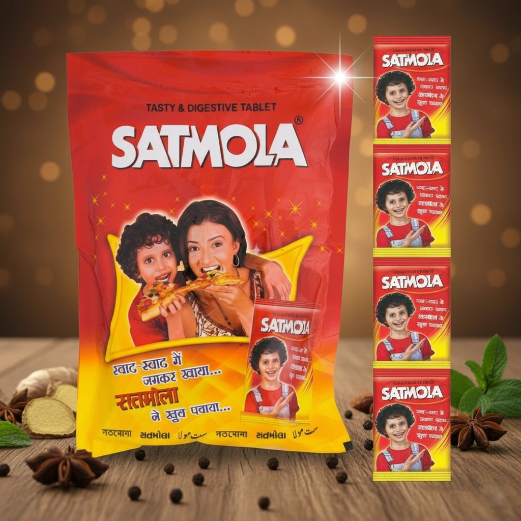 Satmola digestive tablets packaging, showing a large red pouch and individual sachets with a woman and child eating pizza.