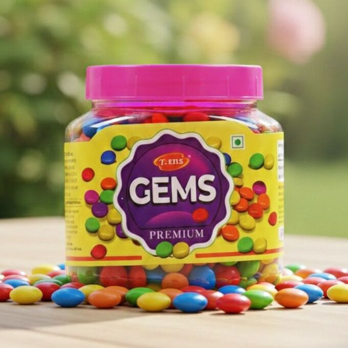 A clear plastic jar filled with colorful T.ens Premium Chocolate Gems and crunchy candy-coated buttons scattered on a wooden table.